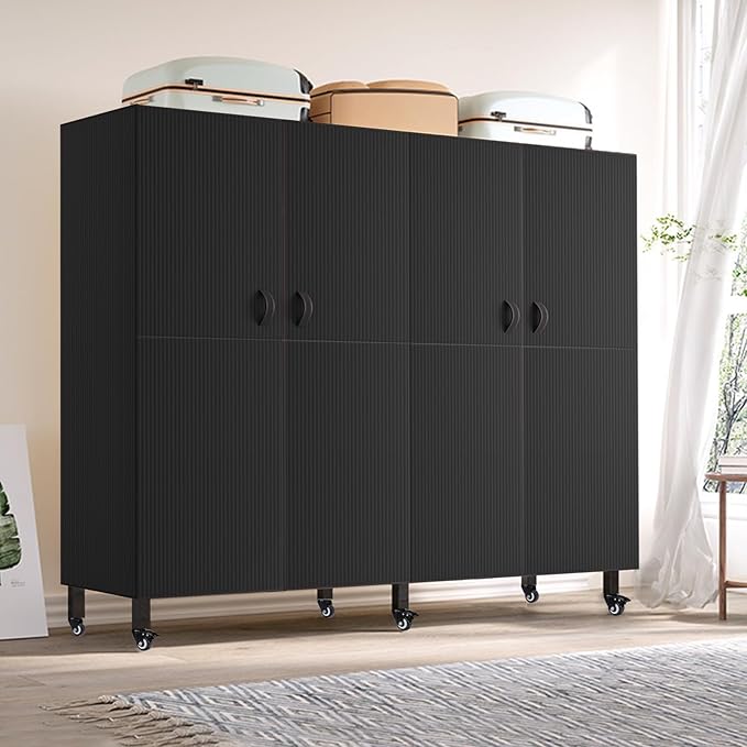 FPIGSHS Heavy Duty Clothes Rack with Magnetic Door 2000LBS Foldable Portable Wardrobe Closet for Hanging Clothing Rolling Garment Rack on Wheels for Bedroom Closet System (A（Black Door）, 59in)