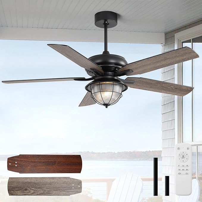 52 Inch Modern Ceiling Fan with Lights Remote,6 Speed Reversible DC Motor Waterproof and Moisture-Proof Ceiling Fan with Patio Bedroom Living Room