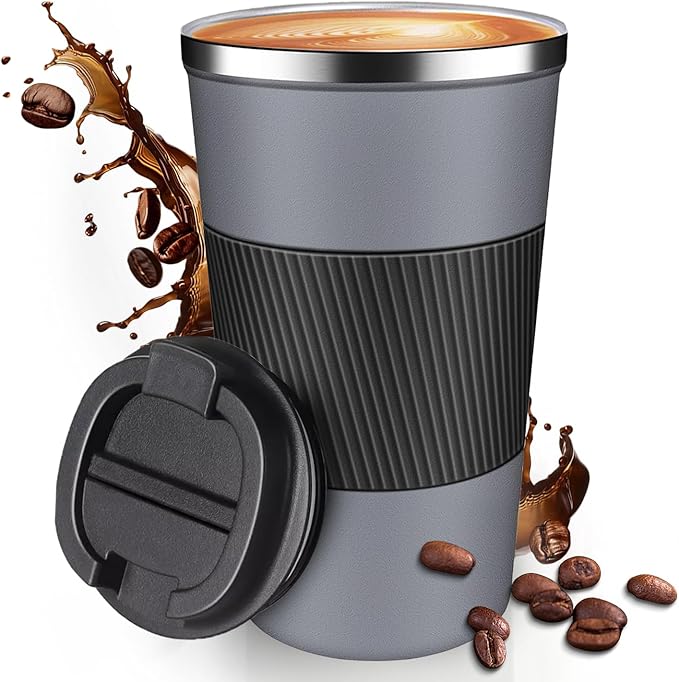 17OZ Travel Coffee Mug Insulated Coffee Cup with Spill Leak Proof Lid, Portable Stainless Steel Tumbler Reusable Hot and Cold Water Mug for Car, Daily, Camping- Gray