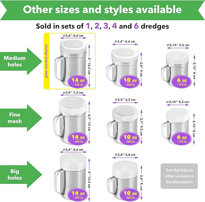 CUSINIUM Large Metal Salt Pepper Cooking Dredge Shakers - With Handle - Seasonings Spice Shakers With Holes and Lids - 14 Ounce, 2pcs | Style: Medium