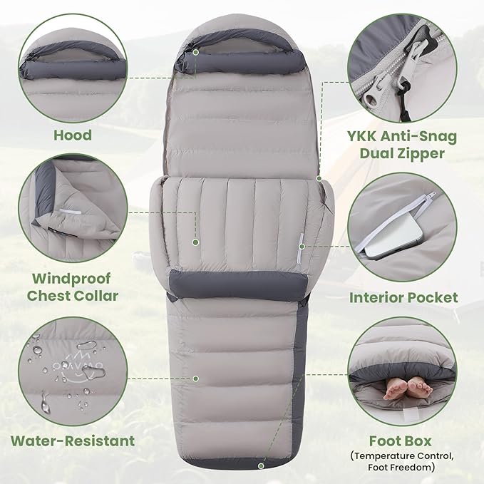 '-10°F 0°F 10°F 15°F Down Sleeping Bag for Adults,800/650 Fill Power,Ultralight Wearable 4 Season Cold Weather Rectangle Sleeping Bag for Camping Hiking,Can be Used as a Down Blanket or Cloak