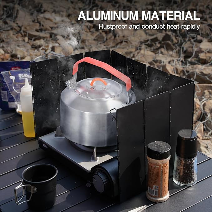 REDCAMP 9.5" High Folding Outdoor Stove Windscreen, 10 Plates Aluminum Camping Stove Windshield with Carrying bag, Lightweight Butane Burner Windshield, Black