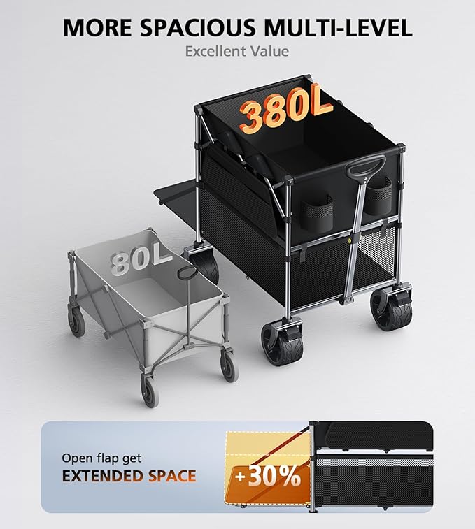 Foldable Wagon Cart,Everyfun 480Lbs Double Decker Wagon,Beach Carts with Big Wheels&Side Pocket&Dustbag,Large Capacity Folding Wagon for Shopping,Garden,Camping,Fish,New Wave Sports Wagon-Black