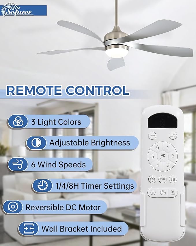 Sofucor 52 Inch Ceiling Fans with Lights and Remote, Outdoor Ceiling Fan with Light 6-Speed 3 CCT 3-Timer, Modern Low Profile Ceiling Fan 5 Blade Reversible DC Motor for Living Room Bedroom Patio