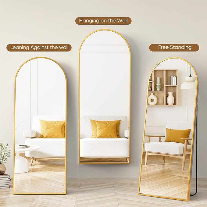 Arched Full Length Mirror, 71'' x 26'' - Gold Floor Mirror with Aluminum Alloy Thin Frame, Hanging or Leaning for Bedroom Dressing or Wall, Full Body Reflection