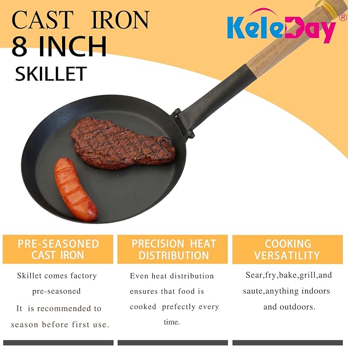 8.2 Inch Non Stick Frying Pan, Pre-Seasoned Carbon Steel Grill Pan with Folding Handle, Camping Indoor & Outdoor Cooking, Easy to Clean, Suitable for All Kinds of Stoves