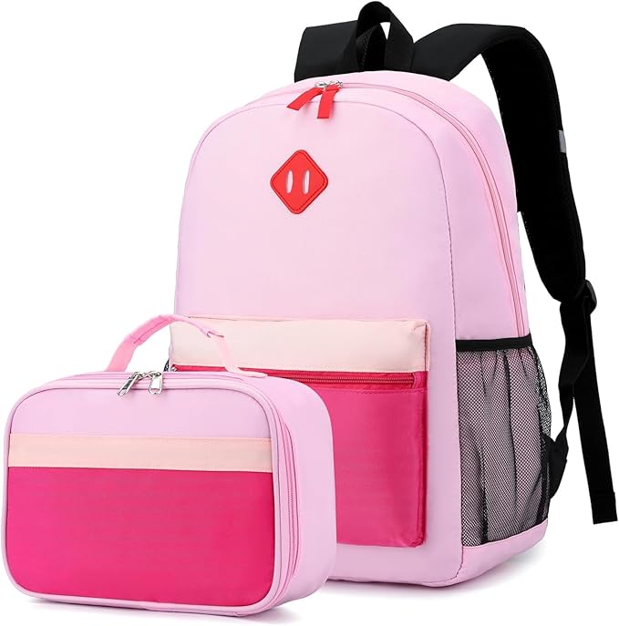 Kids Backpack Lunch Box Set Elementary School Backpacks 5-9 Years for Boys and Girls with Chest Buckle (Set Pink Purple, Large-17 H)