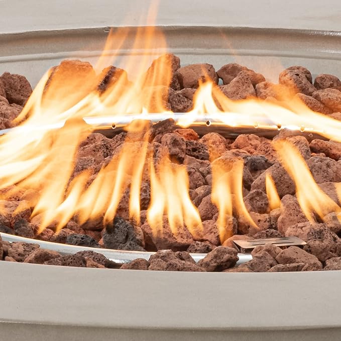 COSIEST Outdoor Propane Fire Pit Coffee Table w Gray 42 inch Round Base Patio Heater, CSA Certified, 50,000 BTU Stainless Steel Burner, Wind Guard, Tank Outside, Free Lava Rocks, Waterproof Cover