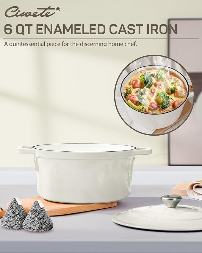 6 QT Dutch Oven Pot with Lid, Enameled Cast Iron Dutch Oven for Bread Making, Braiser, Cooking, Dual Handles, Oven Safe up to 500° F or on Stovetop, Gifts for Family - Off White