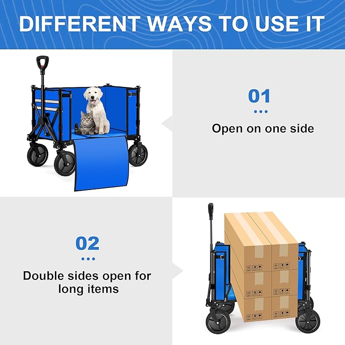 Collapsible Wagon Carts,Folding Wagon Cart with All Terrain Wheels,Heavy Duty Garden Carts with Adjustable Handle,Outdoor Utility Wagon for Camping Shopping Sports Fishing（Blue）