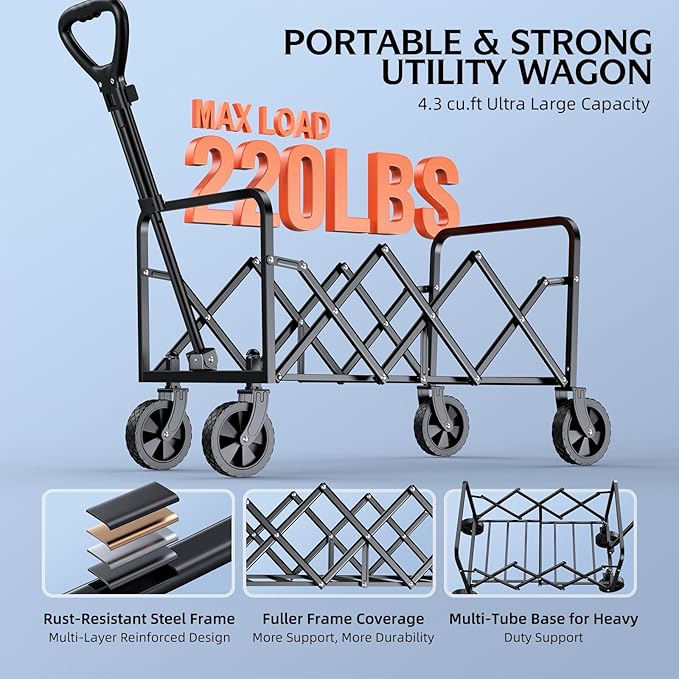 Collapsible Wagons Carts Foldable with 220lbs Weight Capacity, Lightweight Utility Portable Wagon Cart with Wheels, Grocery Foldable Wagon for Beach, Garden, Sports and Camping, Black