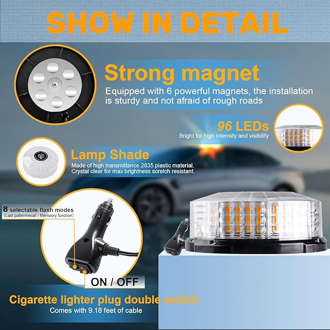 1PCS Amber Beacon Light, 96 LED Magnetic Beacon Strobe Flashing Safety Caution Warning Emergency Lights for Vehicles Truck Trailer Forklift Bus Car Snow Plow ATV Tractor Golf Carts Boat