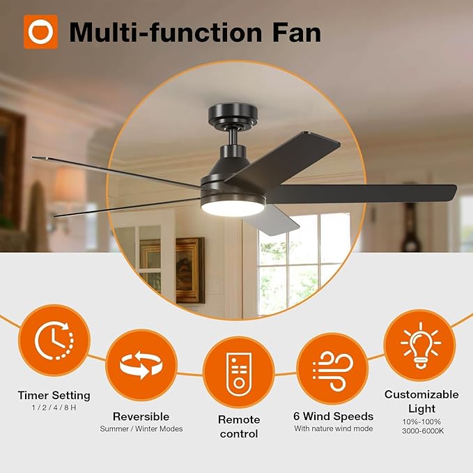 addlon Ceiling Fans with Lights, 52 inch Ceiling Fan with Light and Remote Control, Reversible, 3CCT, Dimmable, Noiseless, Black Ceiling Fan for Bedroom, Indoor/Outdoor Use