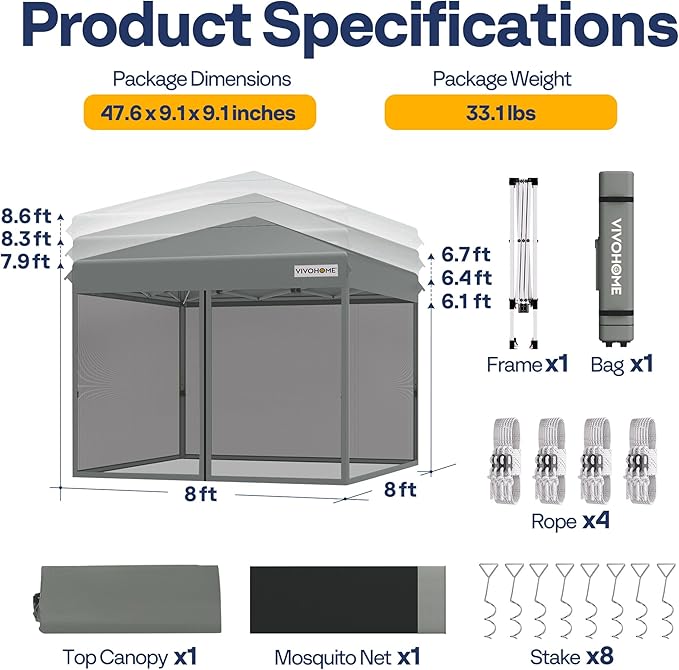 VIVOHOME 8x8ft Easy Pop-Up Canopy, Outdoor Screen Tent with Mosquito Netting, 2 Zipper Doors, and Roller Bag for Yard Camping Picnic Party Events, Grey