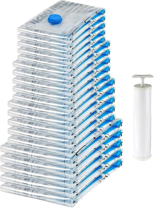 Amazon Basics Vacuum Compression Space Saving Storage Bags with Hand Pump for Travel, Multiple Sizes for Clothes and Blankets, Clear, 20 Pack (5 Small, 5 Medium, 5 Large & 5 Jumbo)