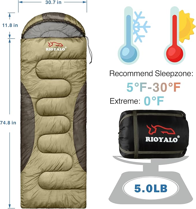 0 Degree Winter Sleeping Bags for Adults Camping (450GSM) - Temp Range (5F–32F) Portable Waterproof Compression Sack- Camping Sleeping Bags for Big and Tall in Env Hoodie: Backpacking Hiking 4 Season