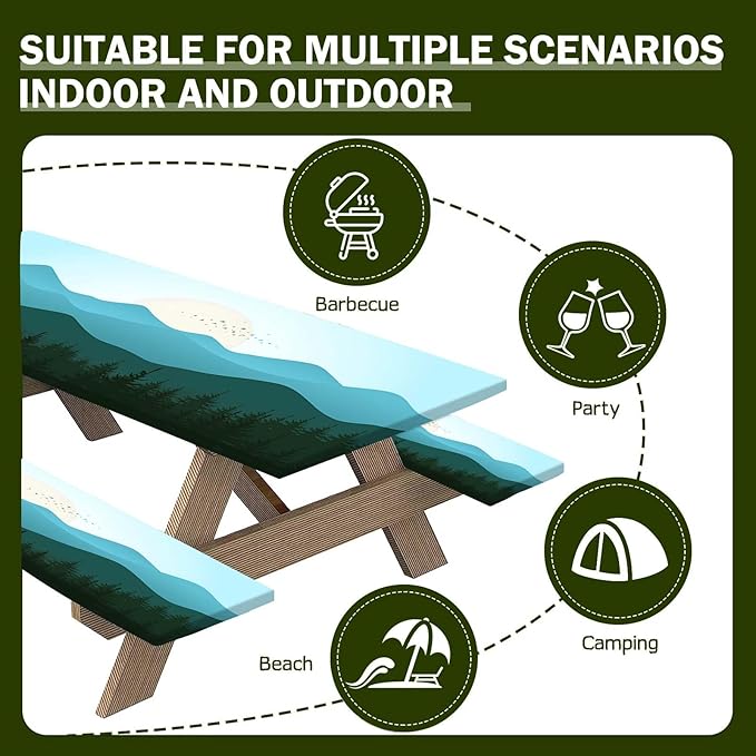 CAPSCEOLL Fitted Picnic Table Cover with Bench Covers with Elastic Waterproof Outdoor Camping Tablecloth 6 Foot Windproof Table Cloth with Drawstring Bag, 72X30in, Green Mountain