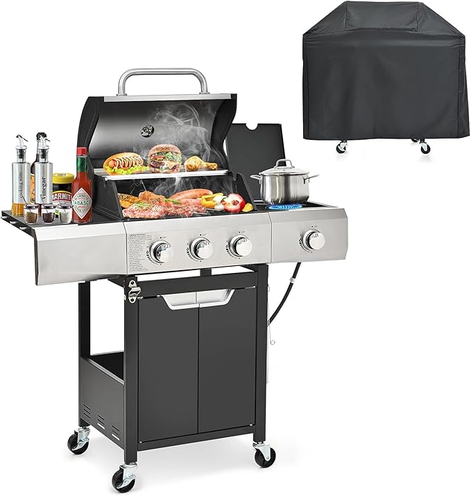 3-Burner BBQ Propane Gas Grill with Side Burner, 40,500 BTU Stainless Steel Patio Barbecue Grill with Waterproof Cover, Pull Out Grease Tray, For Camping, Outdoor Cooking (Style1)