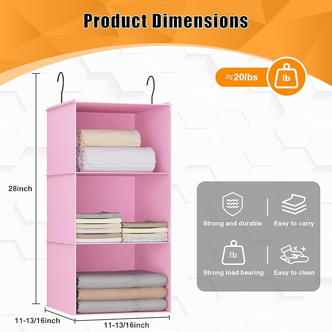 Hanging Closet Organizer and Storage 3-Shelf, Easy Mount Foldable Hanging Closet Wardrobe Storage Shelves, Clothes Handbag Shoes Accessories Storage, Washable Oxford Cloth Fabric, Pink