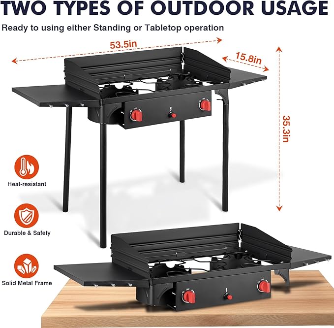 Llamaviva 2 Burner Gas Stove Propane Outdoor Stove with Wind panel,Side Shelves,Auto Ignition Button,Removable Legs &Regulator Hose&Carrying Bag 150000 BTU Propane Burners for Outdoor BBQ -gloves