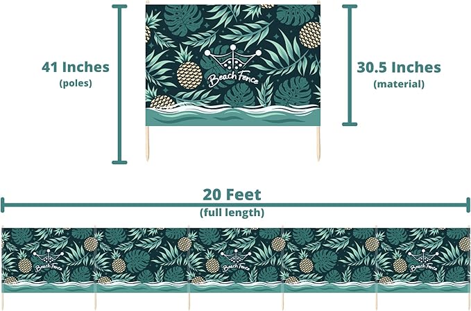Premium 20 ft Beach Windscreen, Privacy Screen, Wind Blocker - Pineapple Oasis, Free Rubber Mallet and Carry Bag Included