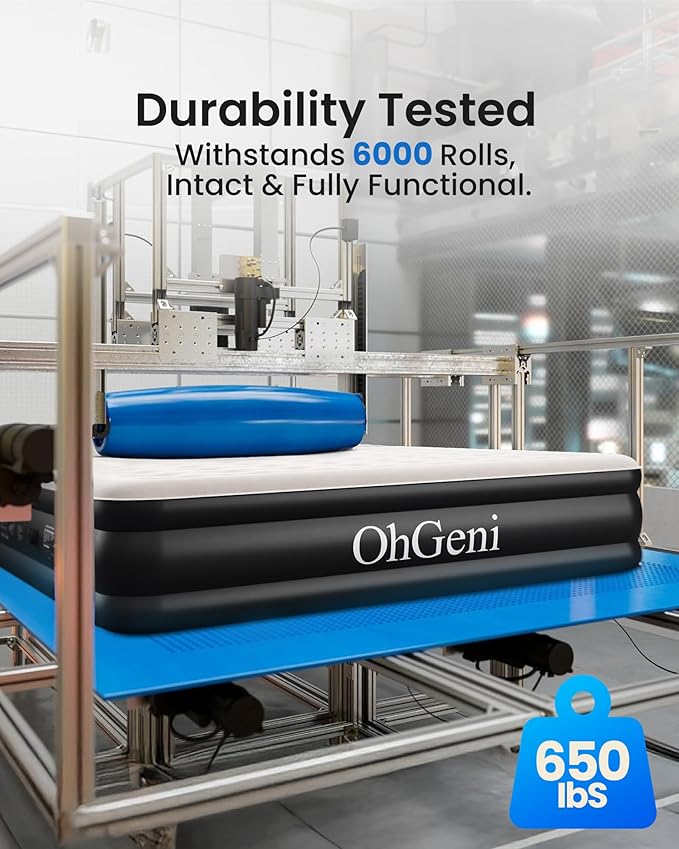 OhGeni King Air Mattress Family Choice Award with Built-in Pump,18'' Comfortable Blow Up Colchones Inflables Mattress for Home,Guests, Portable Air Bed for Adults, Airbed Supports Up to 650 lbs,Black