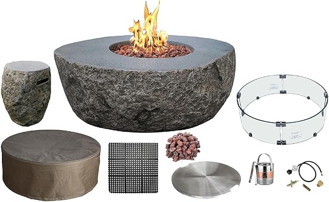 Elementi | Bundle Boulder Gas Fire Pit Cast Concrete Semi-Round Fire Table, Outdoor Fire Pit Electronic Ignition | Canvas Cover, Lava Rock Included | Propane Gas