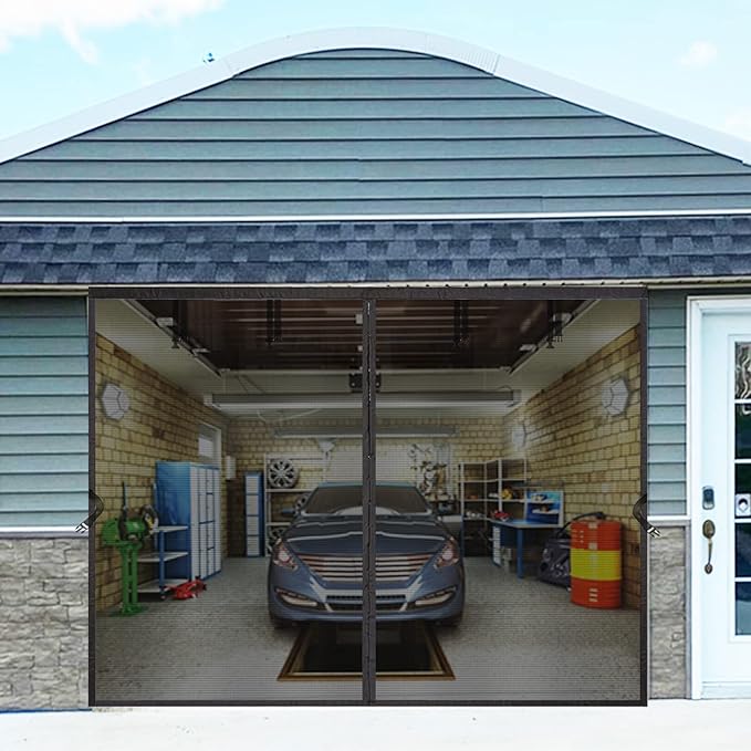 Garage Door Mesh Screen Kit 9x7 FT - Retractable Magnetic Net Screen Door for 1 Car Garage 9x7ft, Durable Fiberglass Mesh Blocks Bugs & Enhances Privacy - Great for Patio Porch Outdoor Use