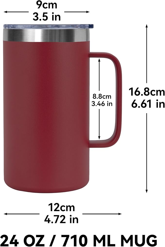 DOMICARE 24oz Mug with Handle and Lid, Stainless Steel Coffee Mug, Reusable Insulated Cup, Travel Mug with Handle, Double Wall Vacuum Coffee Tumbler for Men and Women, Dark Red, Pack 1