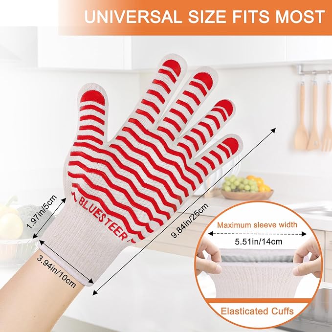 Oven Gloves 932°F Heat Resistant Oven Mitts with Fingers, Heat Proof BBQ Grill Gloves Silicone Grip Fireproof Gloves for Kitchen Cooking Grilling Baking