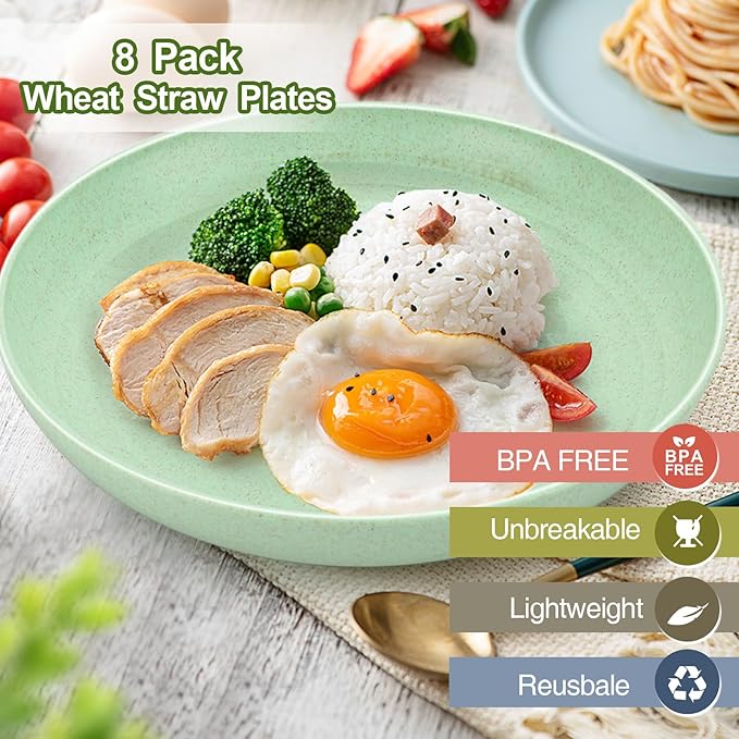 10 Inch Wheat Straw Dinner Plates Set of 8, Unbreakable Plastic Reusable Plates for Kitchen, Camping, Lightweight Deep Dinnerware Plate Set, Dishwasher and Microwave Safe Plates, Non-Toxic, BPA Free