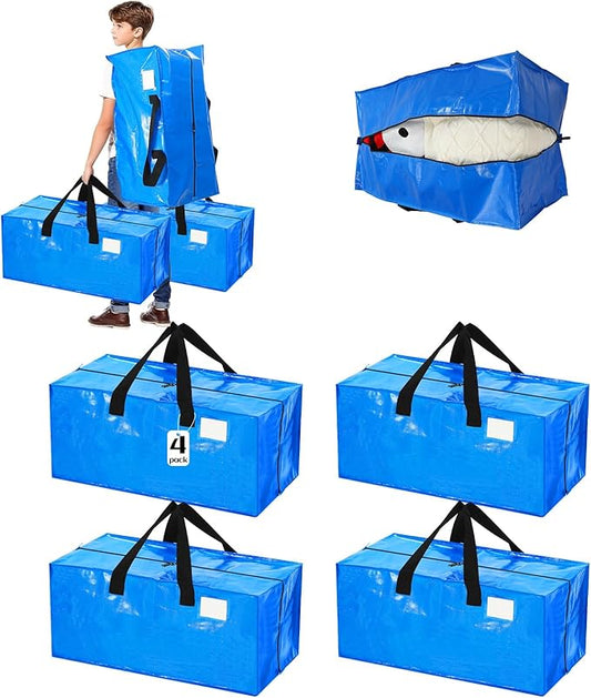 4 Pcs 24 Gallon Large Moving Bags with Zipper and Handles Foldable Storage Duffle Bags Heavy Duty Extra Large Totes for College Dorm Travel Clothes Blankets Bedding Moving (Blue)