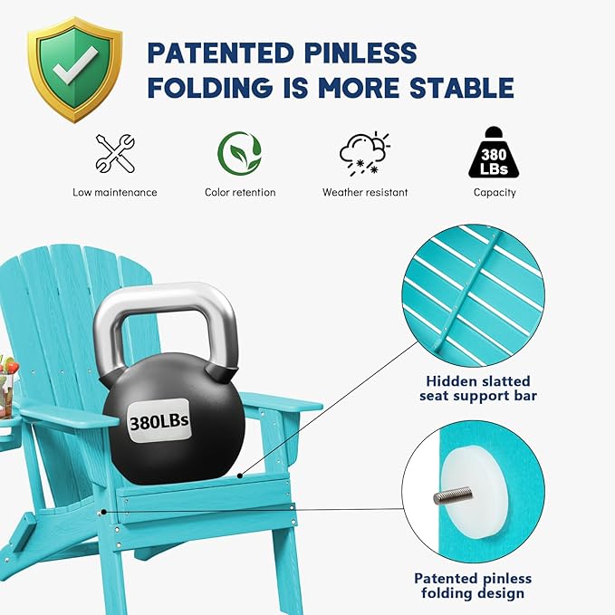 Folding Adirondack Chair, SGS Tested, Wooden Textured with Cup Holder, Heavy All-Weather HDPE Comfortable Set Poolside Backyard Lawn Aruba Blue