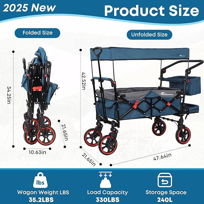 Collapsible Canopy Wagon,Large Capacity Trolley, Foldable Portable Cart with Canopy, Adjustable Push/Pull Handle, Shock-Absorbing Wheels, Suitable for Shopping,Traveling-G