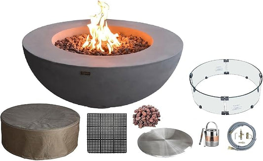Elementi | Bundle Lunar Gas Fire Pit Cast Concrete 42" Round Fire Table, Outdoor Fire Pit Electronic Ignition | Canvas Cover, Lava Rock Included | Light Gray (Natural Gas)
