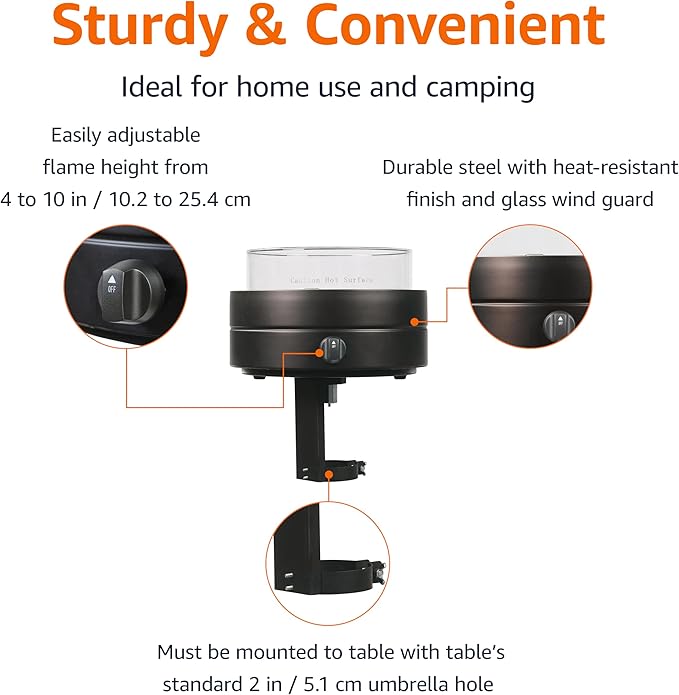 Amazon Basics 14-Inch Round Propane Fire Pit, 9000 BTU Portable Tabletop Fireplace with Glass Stones, Umbrella Hole Compatible for Outdoor Patio Tables & Camping, Brown