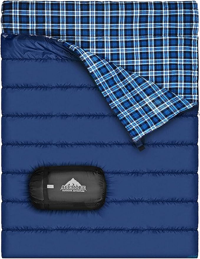 AGEMORE Cotton Flannel Double Sleeping Bag for Camping, Backpacking Or Hiking. Queen Size 2 Person Waterproof Sleeping Bag for Adults Or Teens. Lightweight with Compression Sack