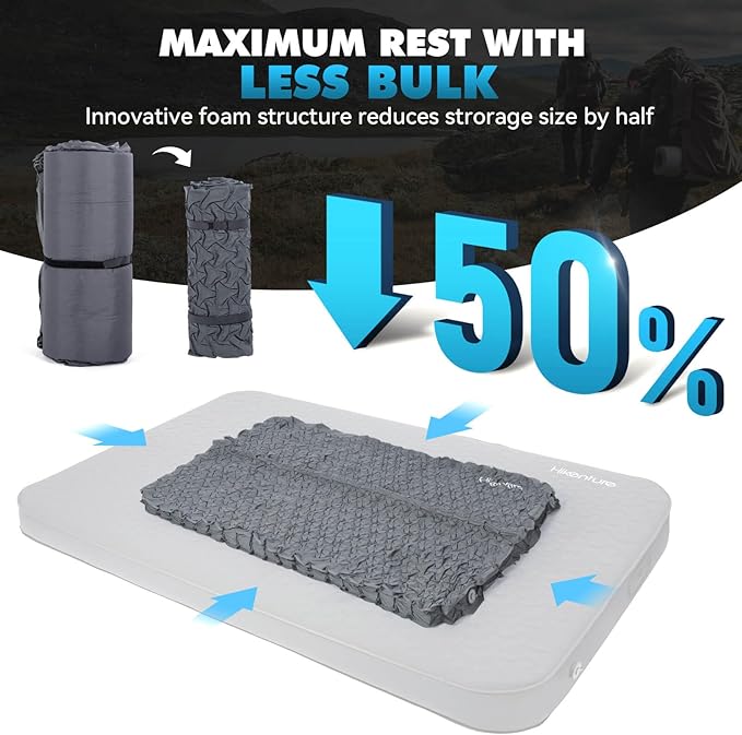 Hikenture 4" Thick Self Inflating Sleeping Pad, Foam & Air Camping Mattress, 9.5 R-Value Insulated Sleeping Mat, Portable All Season Camping Pad for Tent, Car, Cot, Truck