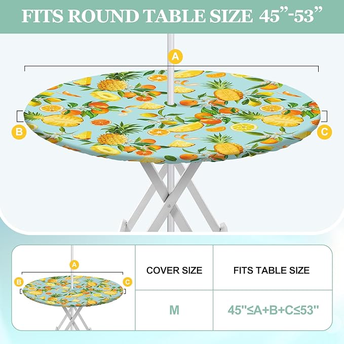 2 Pcs Round Outdoor Tablecloth with Umbrella Hole - Anti-Wrinkle Polyester Tablecloth with Elastic Zipper Table Cover for Summer Patio Camping Party(45''-53'',Lemon)