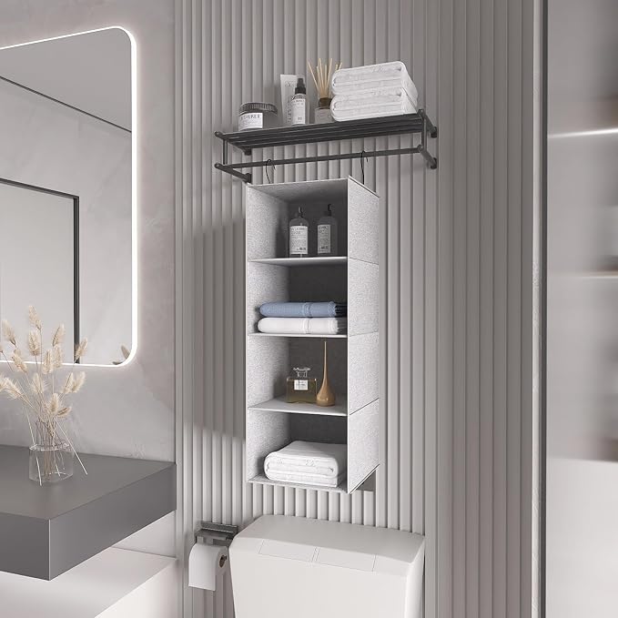 Hanging Closet Organizer, Easy Mount Collapsible 4-Shelf Camper Closet Wardrobe Hanging Storage Shelves, Folded Clothes Towels Handbag Shoes Accessories Storage, Linen Cloth, Gray