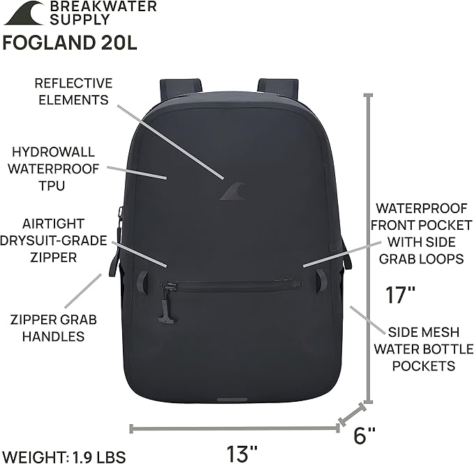 Breakwater Supply™ Waterproof IP68 Submersible Backpack with Airtight Zippers | Laptop Travel Outdoors | Fogland 25L 20L 15L