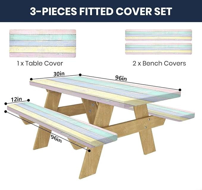 CAPSCEOLL Fitted Picnic Table Cover with Bench Covers with Elastic 8Ft Waterproof Camping Picnic Table Cover Cloths for Outdoors Camping Tablecloth with Drawstring Bag, 96X30in, Colorful Wood