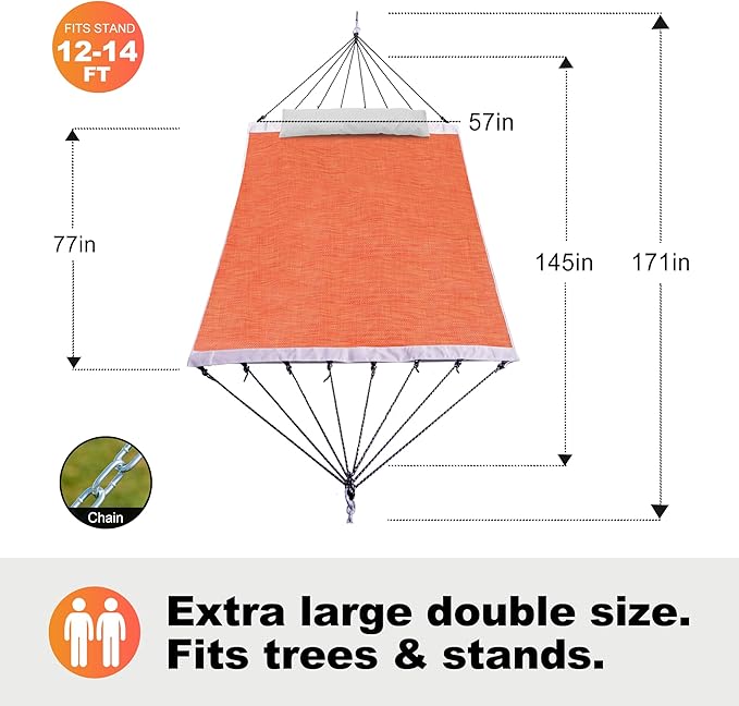 14ft Two Person Outdoor Hammock, Portable Camping with Folding Steel Spreader Bar, Carrying Bag, Carabiners, Tree Straps, Pillow & Sidebag, Quick Dry Textilene Fabric, 550 lbs Capacity (Sunset)
