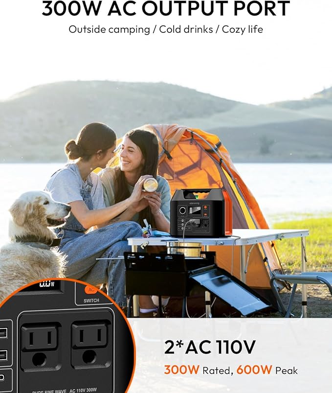 Apowking Portable Power Station 300W Rated(600W Peak), 256Wh LiFePO4 Battery, Solar Powered Power Bank with 2 AC Outlet 110V Pure Sine Wave, Solar Generator for Home Outdoor Camping Emergency