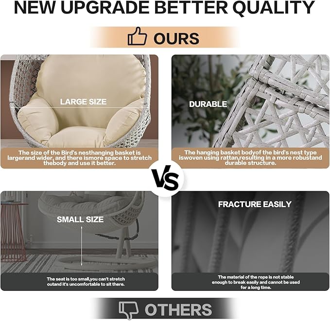 PRIVATE GARDEN Large Hanging Egg Chair with Stand Upgraded Wicker Egg Swing Chair Outdoor Indoor PE Rattan Hanging Chair with Beige Comfort Cushion Heavy Duty C-Stand