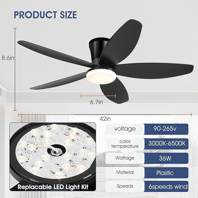 42" Ceiling Fans with Lights-Low Profile Ceiling Fan with Light and Remote/APP Control,Flush Mount,DC Reversible,LED Dimmable Black Ceiling Fans for Bedroom,Indoor/Outdoor Patio Use