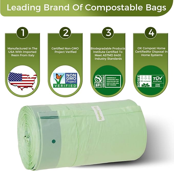 13 Gallon Compostable Trash Bags with Handle-Tie, Thick 0.87 Mil, 49.21 Liter, 30 Bags, Tall Kitchen Food Scrap Waste Bag, ASTM D6400, US BPI and OK Compost Home Certified