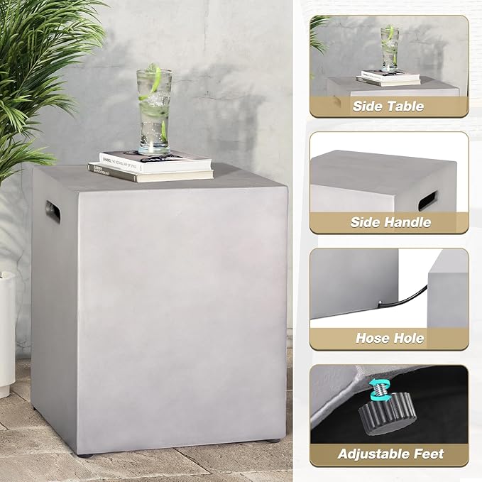 60" Rectangular Propane Fire Pit – 3-Piece 50,000 BTU Concrete Fire Pit with Glass Wind Guard and Tank Cover Table – Outdoor Firepits – Gas Fireplace for Deck or Patio