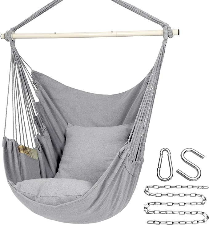Y- STOP Hammock Chair Hanging Rope Swing Chair, Max 500 Lbs, 2 Seat Cushions Included, Removable Steel Spreader Bar with Anti-Slip Rings, Hardware kit-for Indoor or Outdoor(Light Grey)