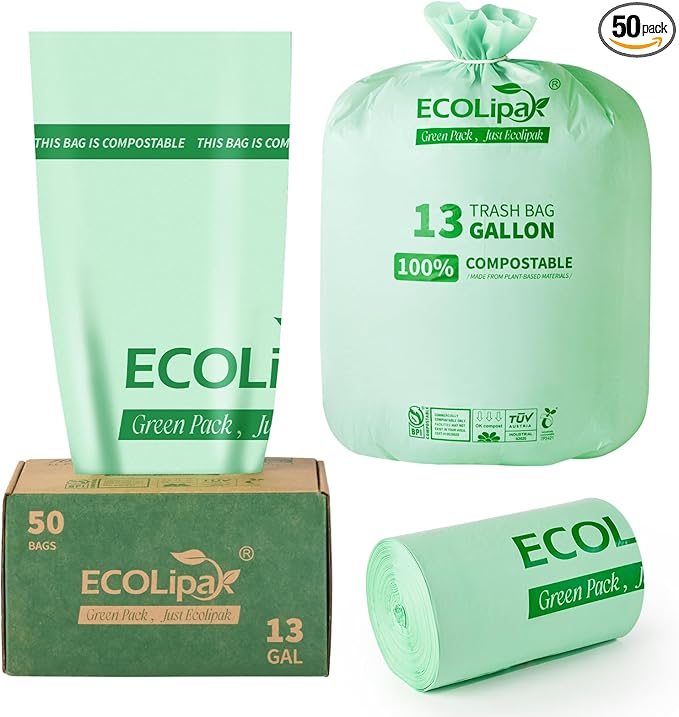 ECOLipak 13 Gallon Compostable Trash Garbage Bags, 50 Count (1 Roll) Biodegradable Heavy Duty Bathroom Kitchen Trash Bags for Home/Office, US BPI ASTM D6400 and OK Compost Home Certified